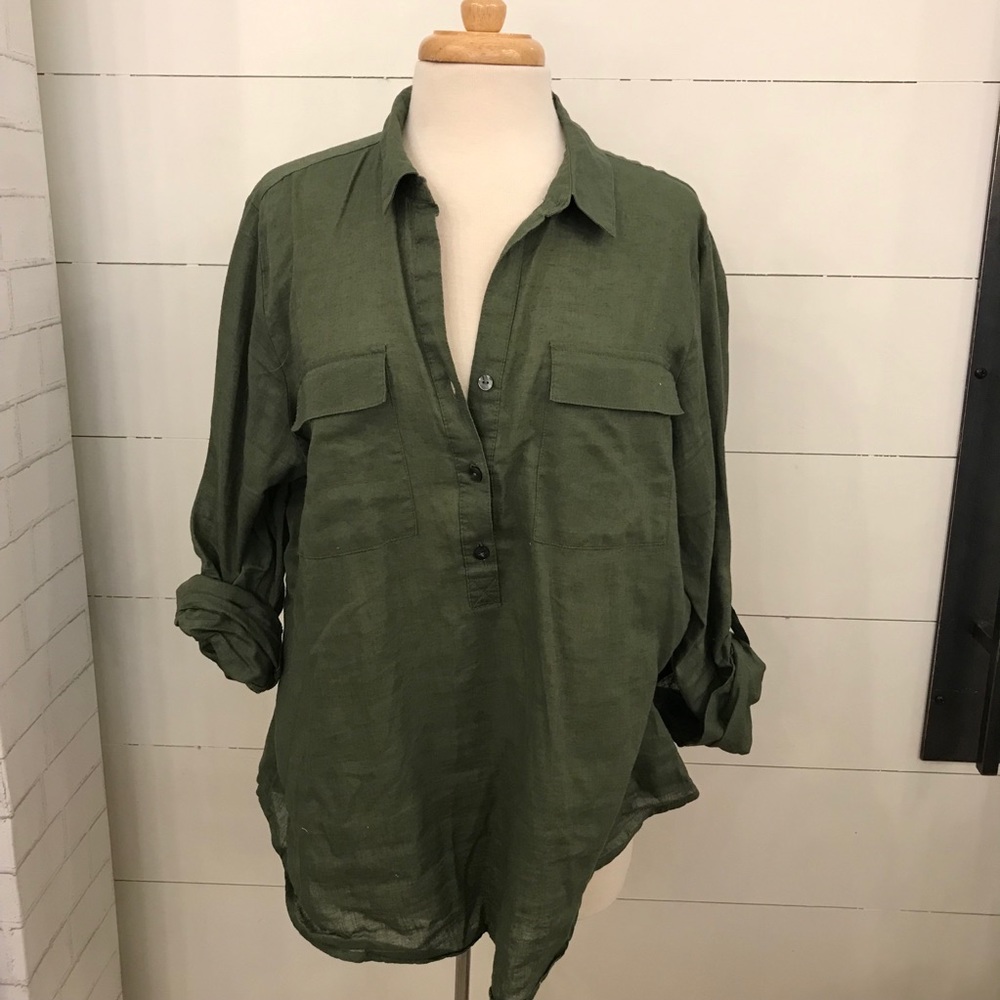 Old Navy Green Linen Collared Top
